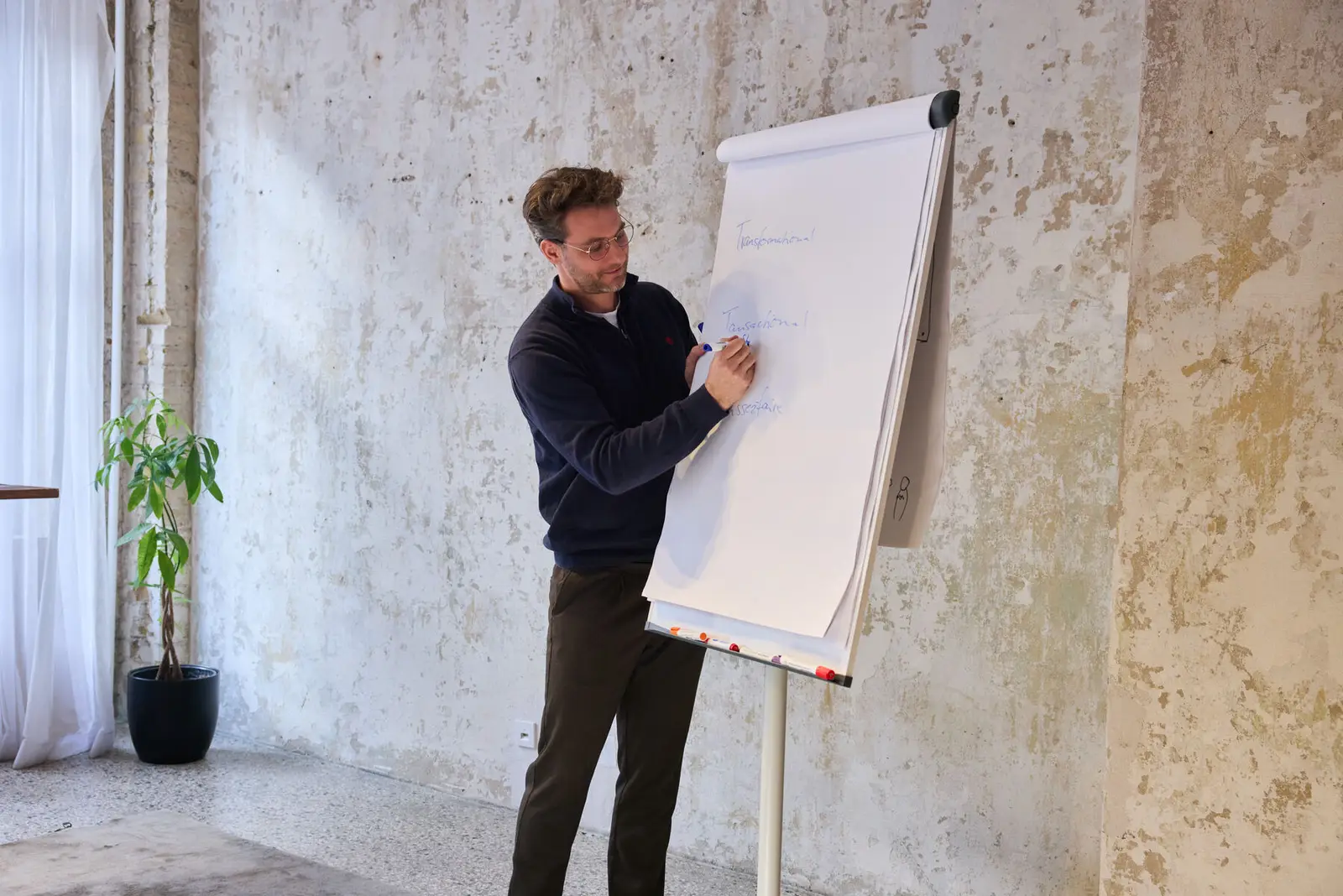 A facilitator writing at a flipchart in front of a group.