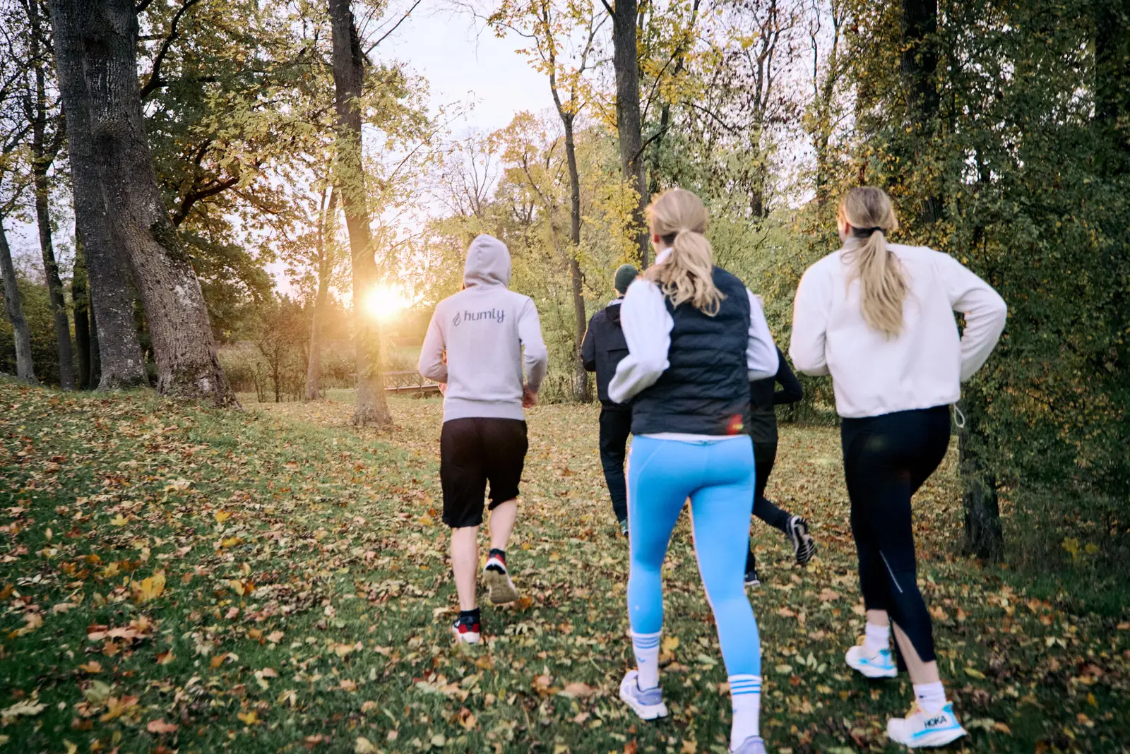 A group running together through woodland at first light.